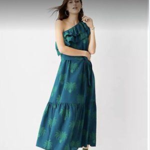 Ann Taylor Petite Pineapple Ruffle One Shoulder Belted Maxi Dress